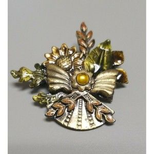Estate Kenneth Cole Signed Leaf Brooch Enamel Fall Gold Tone Pin 3D Tiered